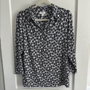 Navy Blue & White Fitted Polo Blouse 3/4 Sleeve - Size Large